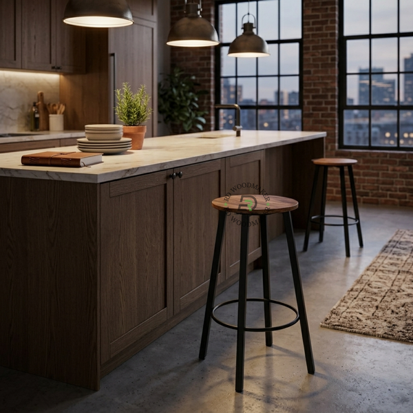 PREMIUM BACKLESS WOODEN BAR STOOL WITH BLACK METAL FRAME