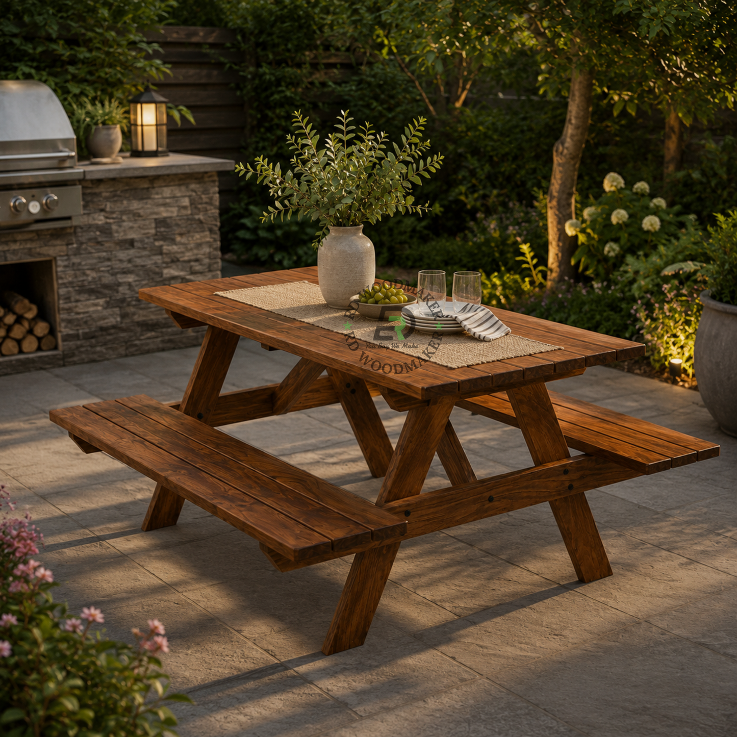 SOLID WOOD OUTDOOR PICNIC TABLE WITH INTEGRATED BENCHES