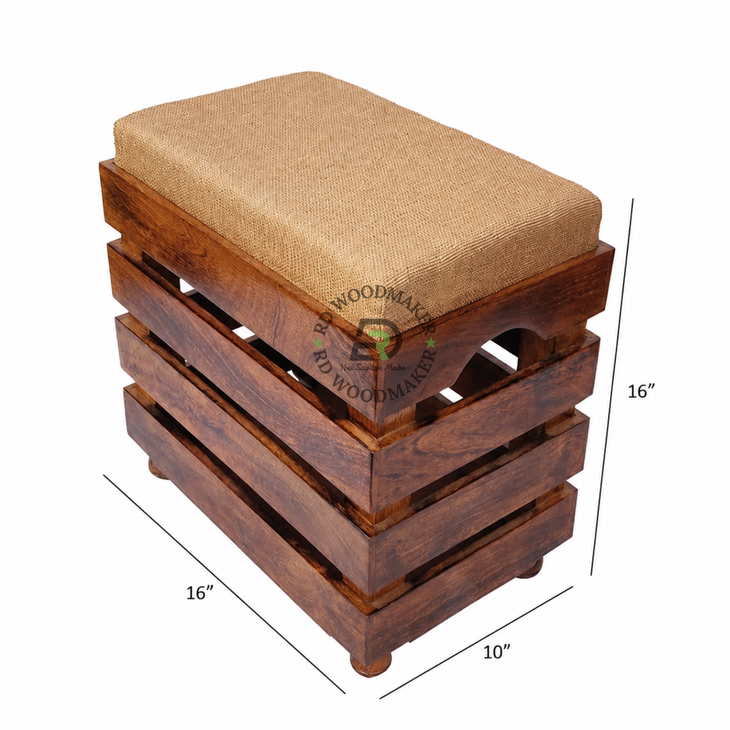 PREMIUM SOLID WOOD SLATTED CUSHION STOOL / OTTOMAN WITH UPHOLSTERED SEAT