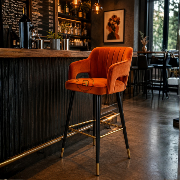 PREMIUM ORANGE VELVET BAR CHAIR WITH CHANNEL-TUFTED BACKREST