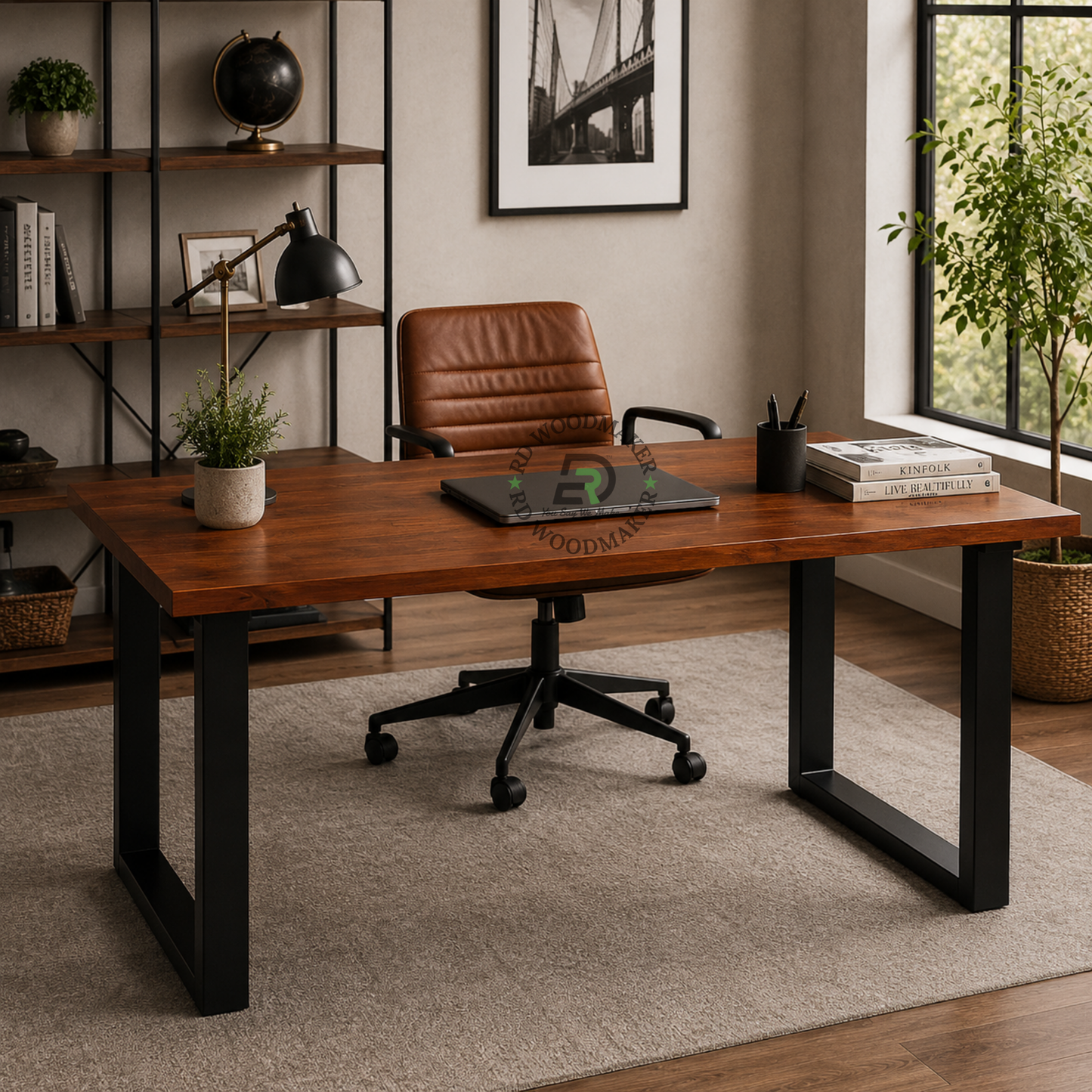 LARGE RECTANGULAR WOODEN DINING TABLE WITH BLACK U-FRAME METAL LEGS