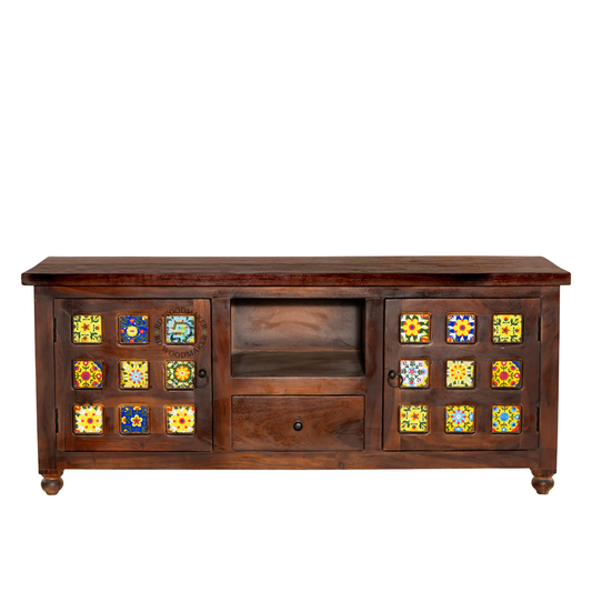TRADITIONAL SOLID WOOD TILE DESIGN TV UNIT WITH STORAGE