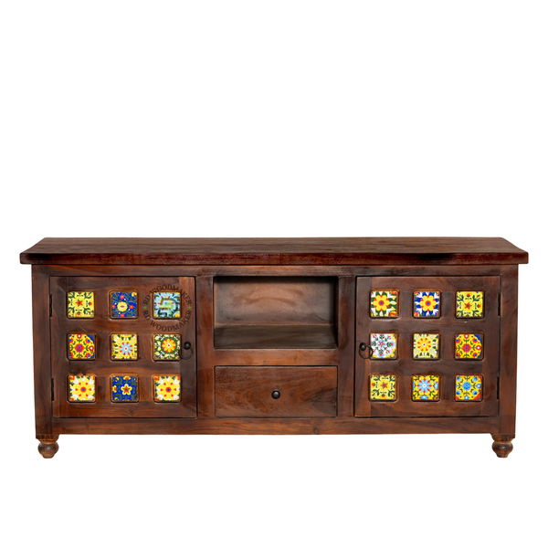 TRADITIONAL SOLID WOOD TILE DESIGN TV UNIT WITH STORAGE