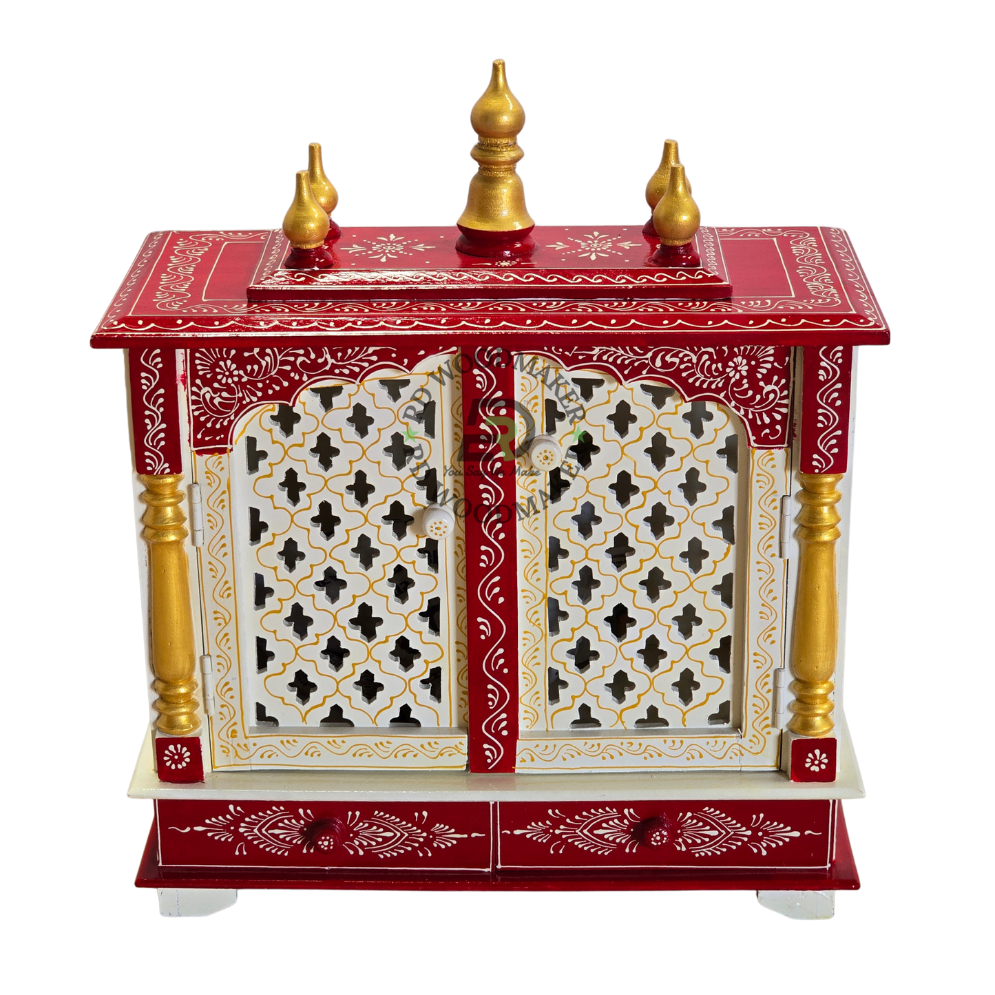 PREMIUM COMPACT IVORY & RED WOODEN HOME TEMPLE WITH JALI DOUBLE DOORS & TWO DRAWERS