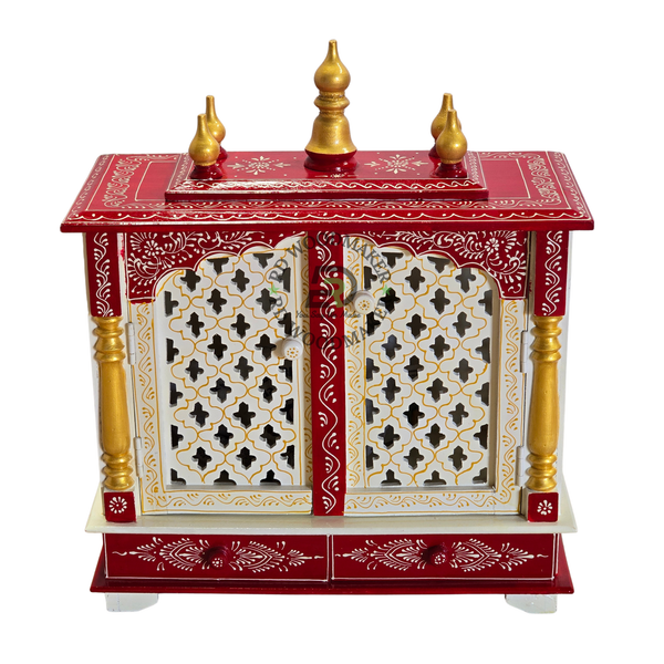 PREMIUM COMPACT IVORY & RED WOODEN HOME TEMPLE WITH JALI DOUBLE DOORS & TWO DRAWERS