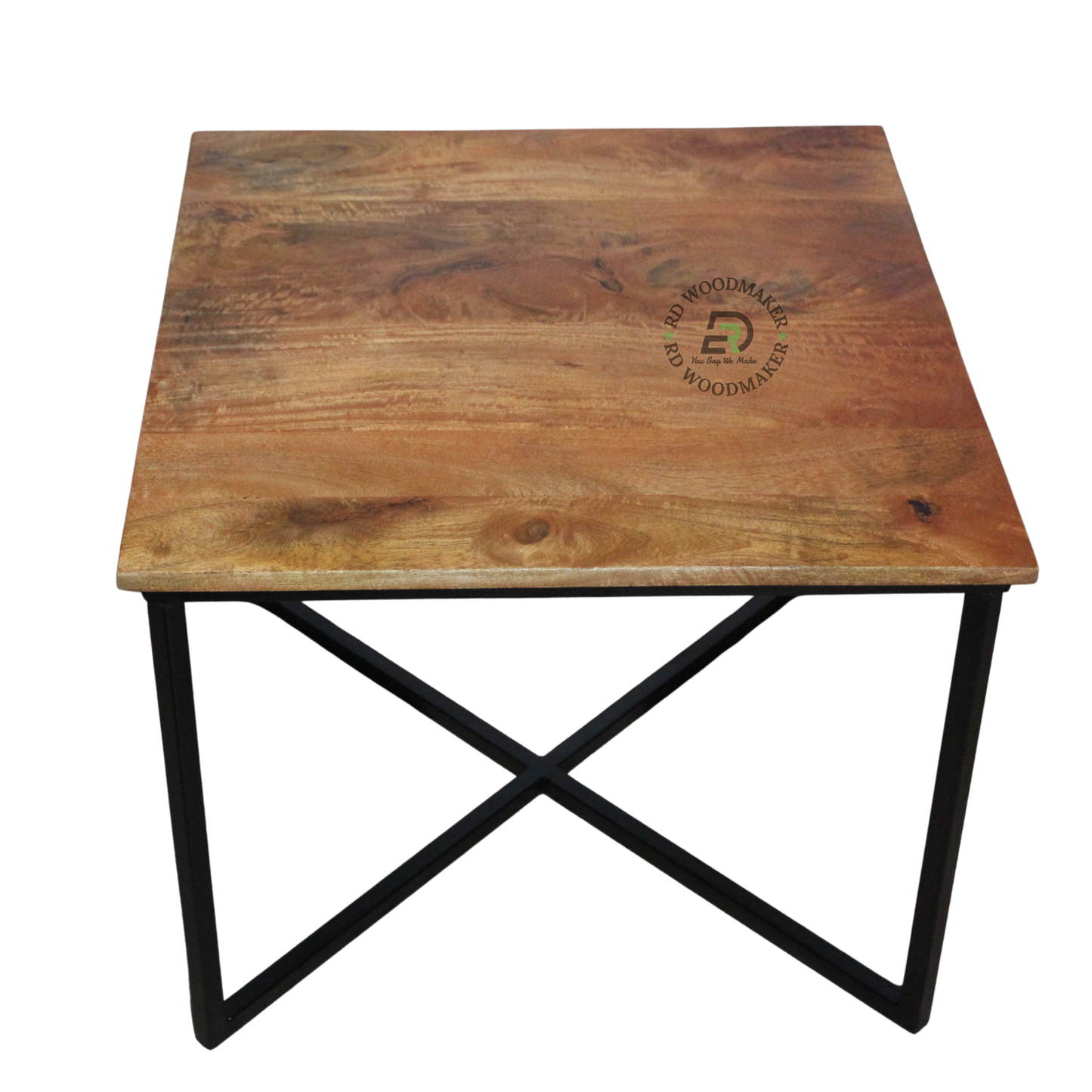 INDUSTRIAL SQUARE WOODEN COFFEE TABLE WITH CROSS METAL FRAME
