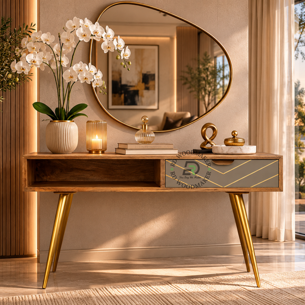 MODERN SOLID WOOD CONSOLE TABLE WITH GREY CHEVRON DRAWER