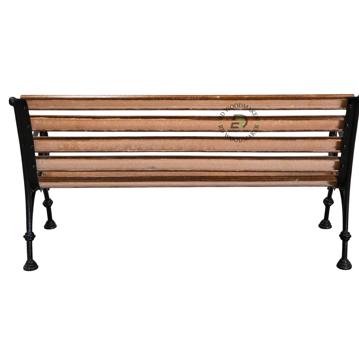 CLASSIC WOODEN SLATTED GARDEN BENCH WITH ORNATE BLACK METAL ARMS