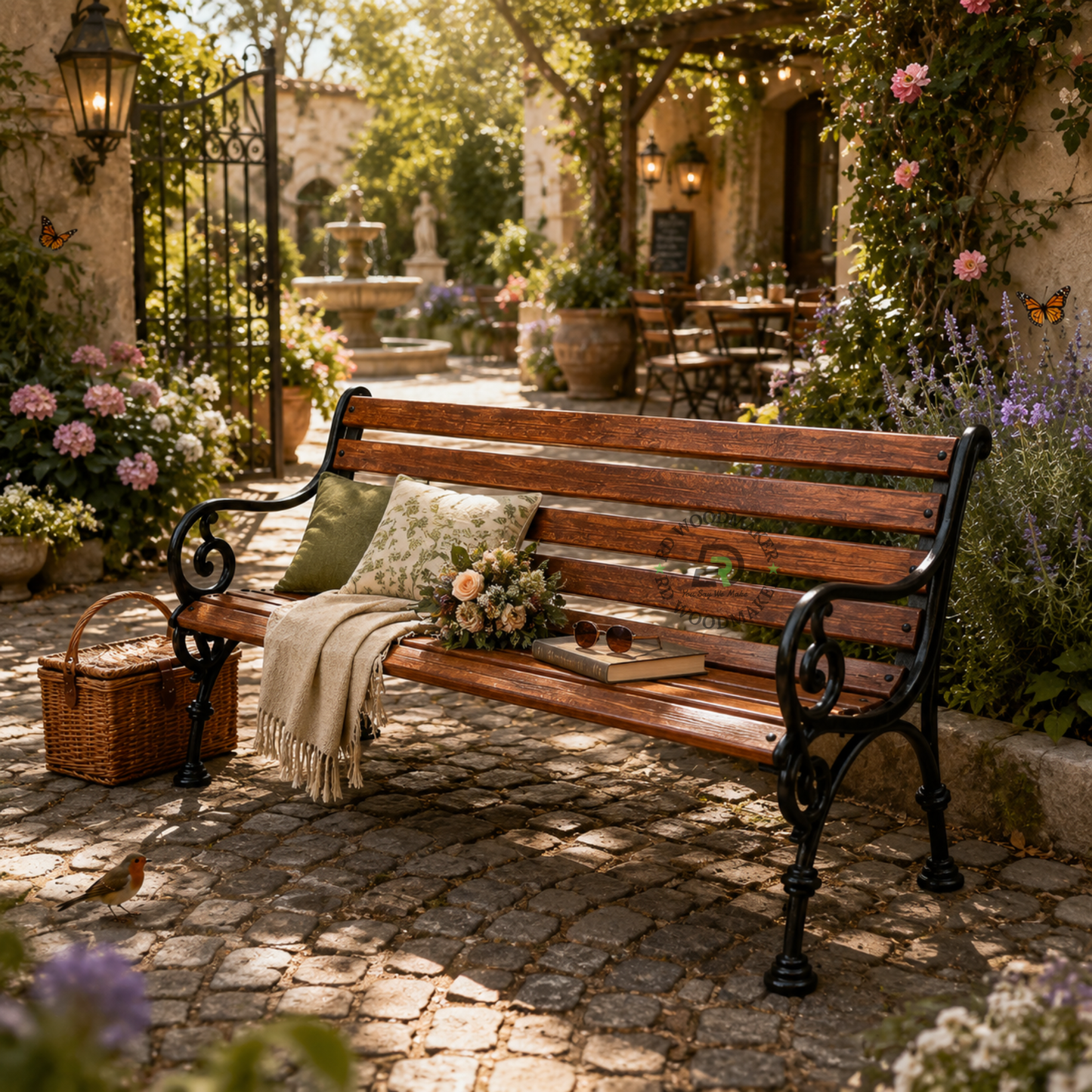 CLASSIC WOODEN SLATTED GARDEN BENCH WITH ORNATE BLACK METAL ARMS
