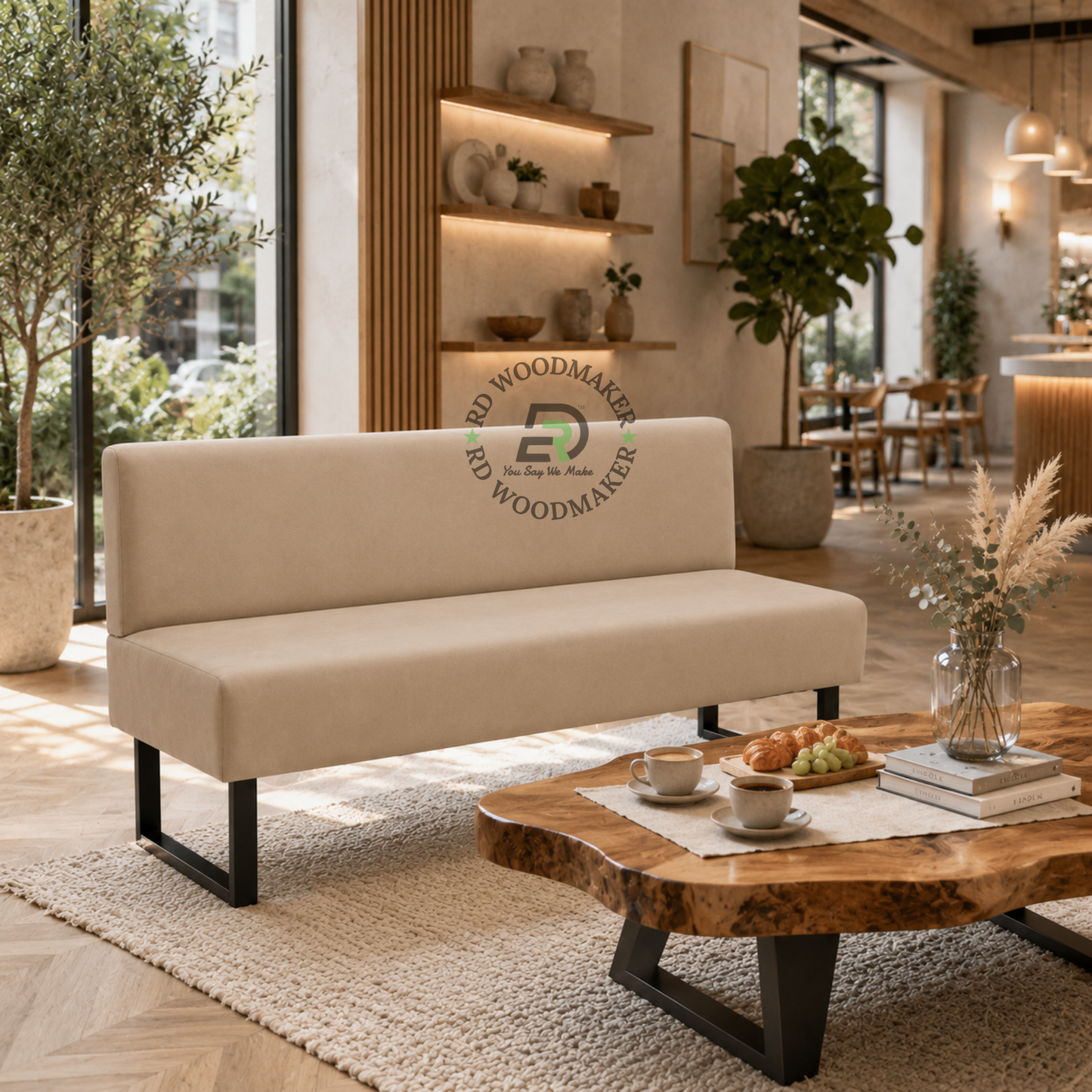 MINIMALIST BEIGE UPHOLSTERED ARMLESS TWO-SEATER SOFA WITH BLACK U-LEGS
