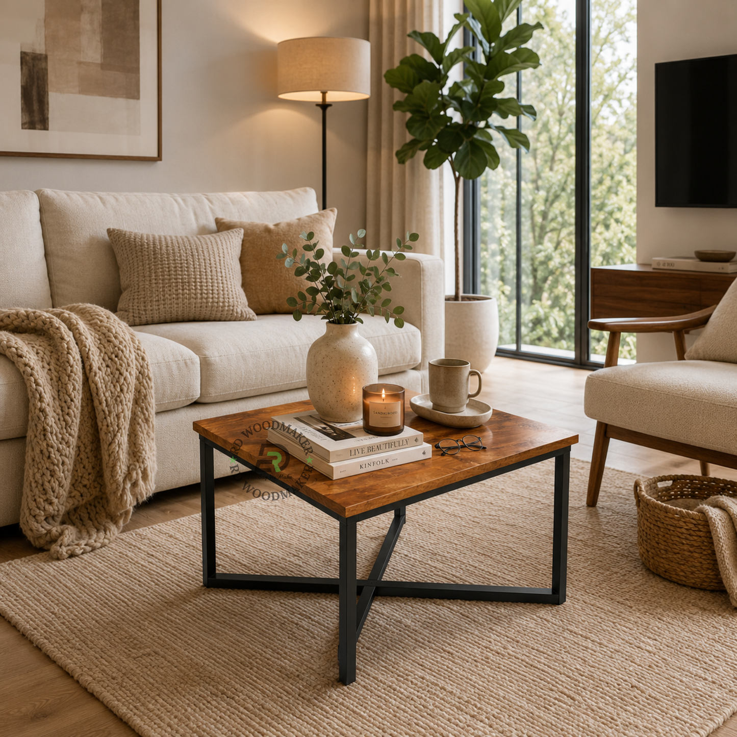 INDUSTRIAL SQUARE WOODEN COFFEE TABLE WITH CROSS METAL FRAME