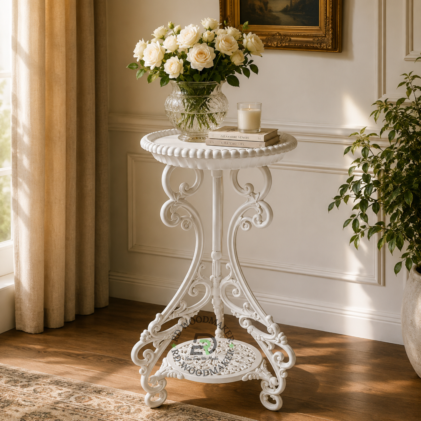 ORNATE WHITE METAL PEDESTAL PLANT & DISPLAY STAND