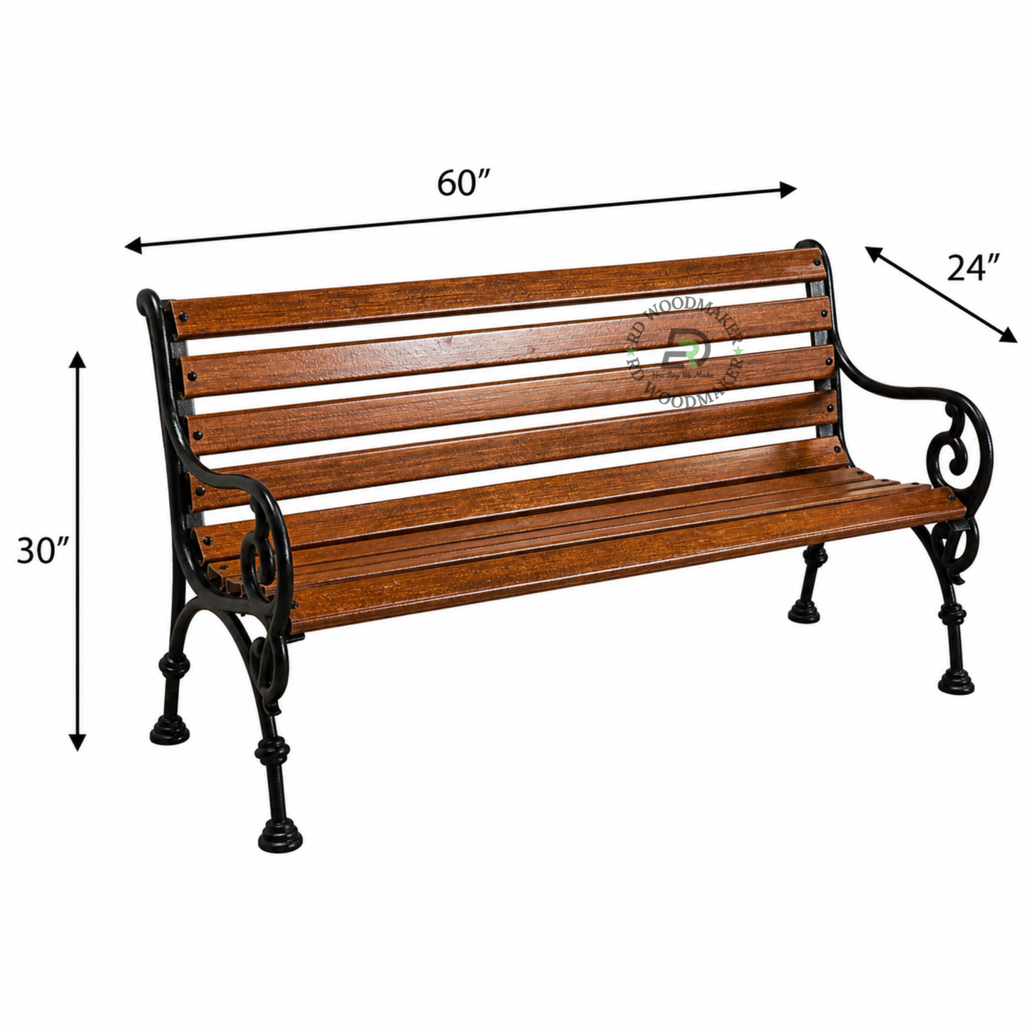 CLASSIC WOODEN SLATTED GARDEN BENCH WITH ORNATE BLACK METAL ARMS