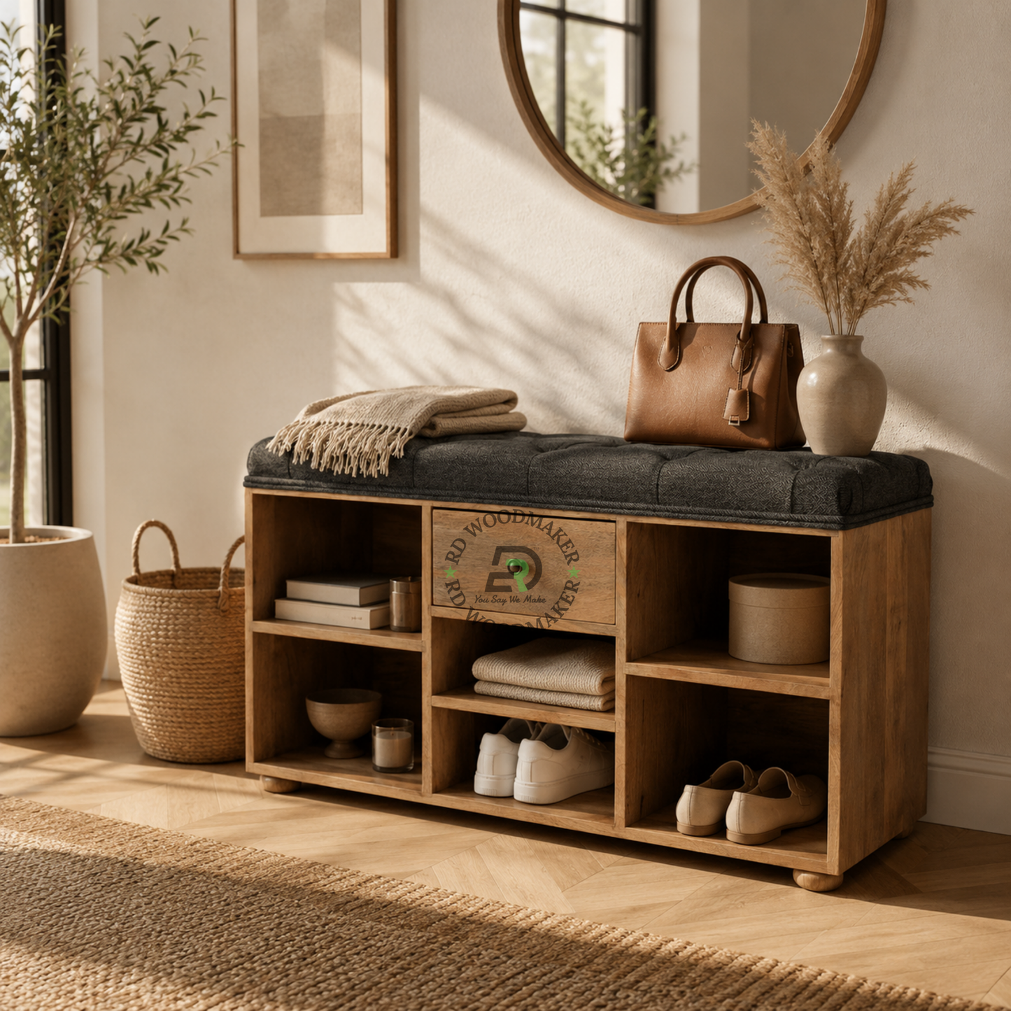 SOLID WOOD STORAGE SHOE BENCH WITH CUSHION SEAT