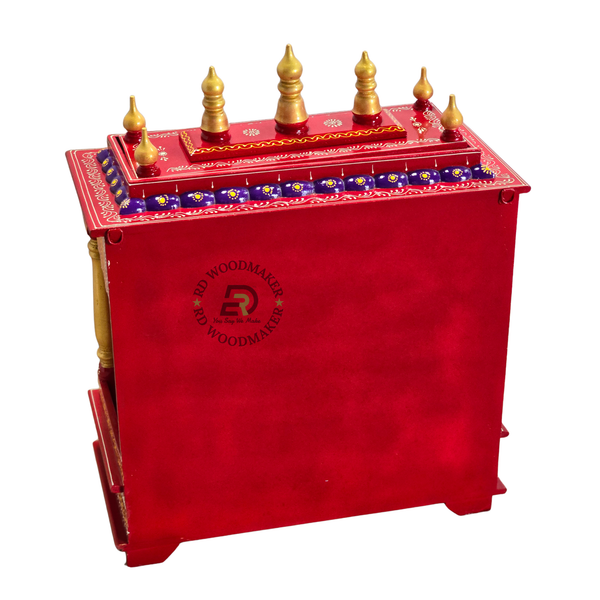 PREMIUM HAND-PAINTED RED WOODEN HOME TEMPLE WITH OPEN SHRINE & DOUBLE STORAGE DRAWERS