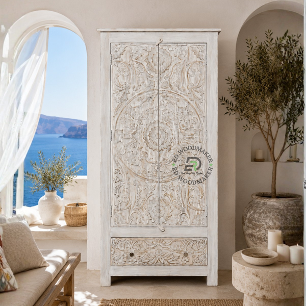 HERITAGE CARVED SOLID WOOD 2 DOOR WARDROBE WITH DRAWER