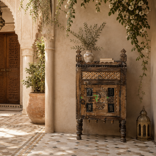 HERITAGE HANDCARVED SOLID WOOD BEDSIDE TABLE