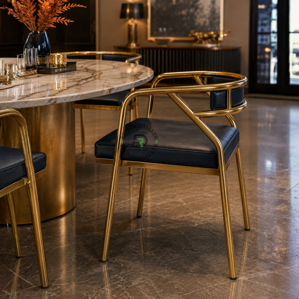 PREMIUM GOLD METAL ARMCHAIR WITH BLACK UPHOLSTERED SEAT