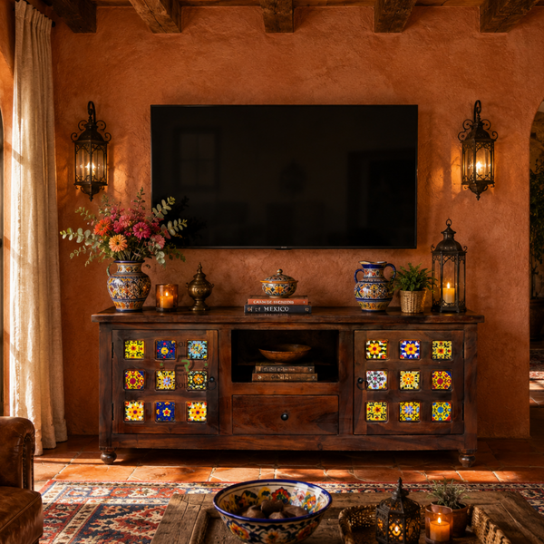 TRADITIONAL SOLID WOOD TILE DESIGN TV UNIT WITH STORAGE