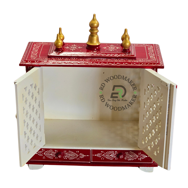 PREMIUM COMPACT IVORY & RED WOODEN HOME TEMPLE WITH JALI DOUBLE DOORS & TWO DRAWERS