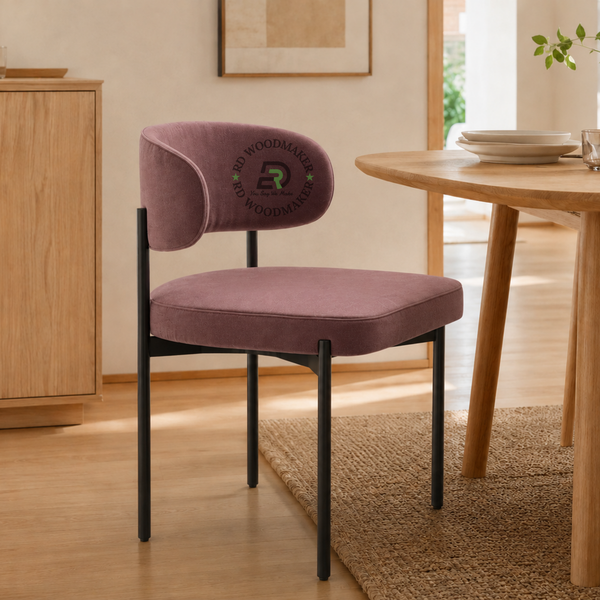 PREMIUM MAUVE VELVET DINING CHAIR WITH CURVED BACKREST & BLACK METAL FRAME