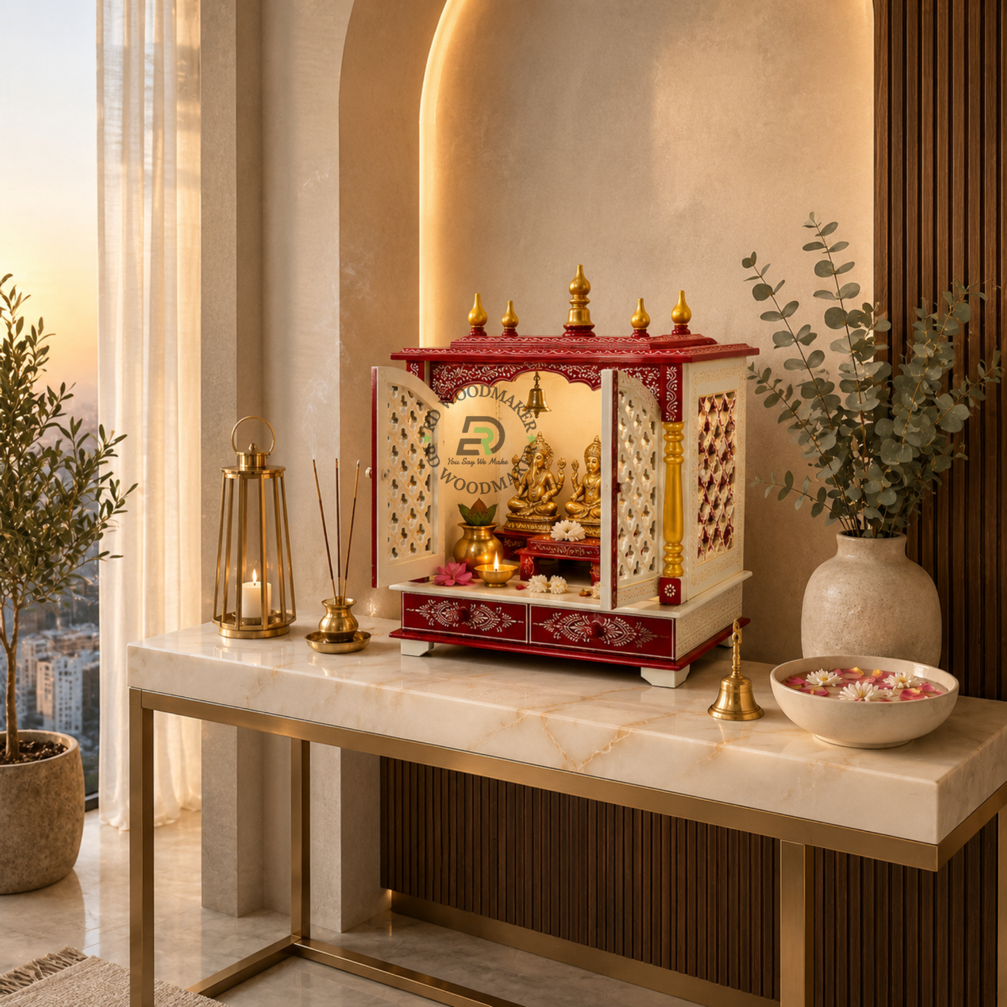 PREMIUM COMPACT IVORY & RED WOODEN HOME TEMPLE WITH JALI DOUBLE DOORS & TWO DRAWERS