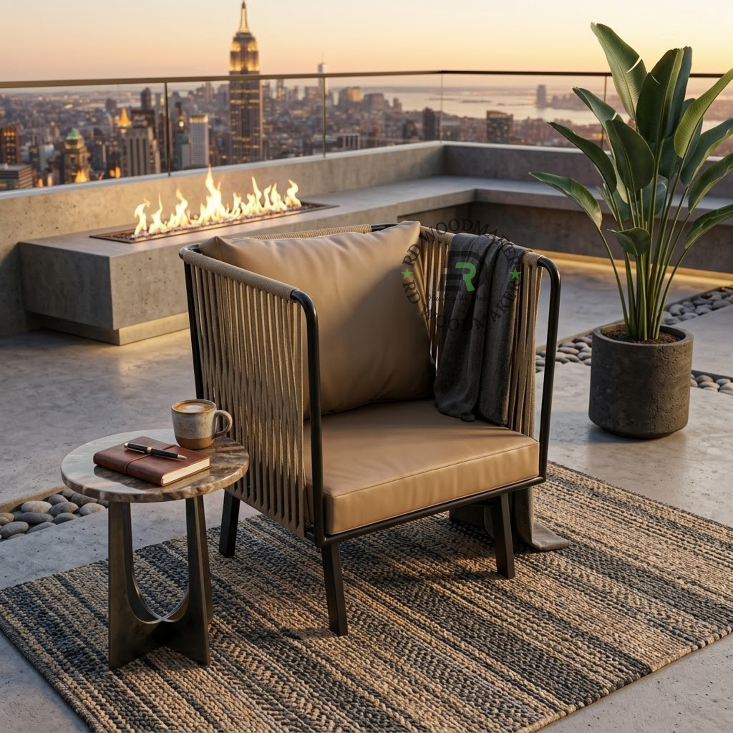 METAL ROPE WOVEN LOUNGE CHAIR WITH CUSHIONS