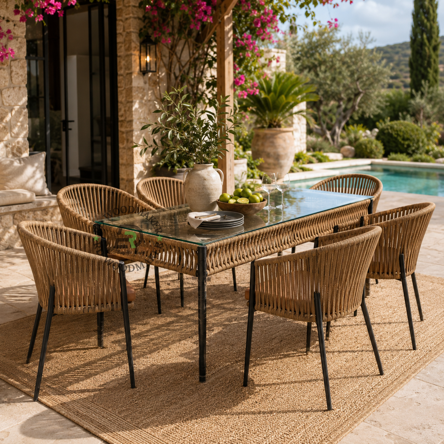 RATTAN GLASS DINING TABLE & CHAIR SET
