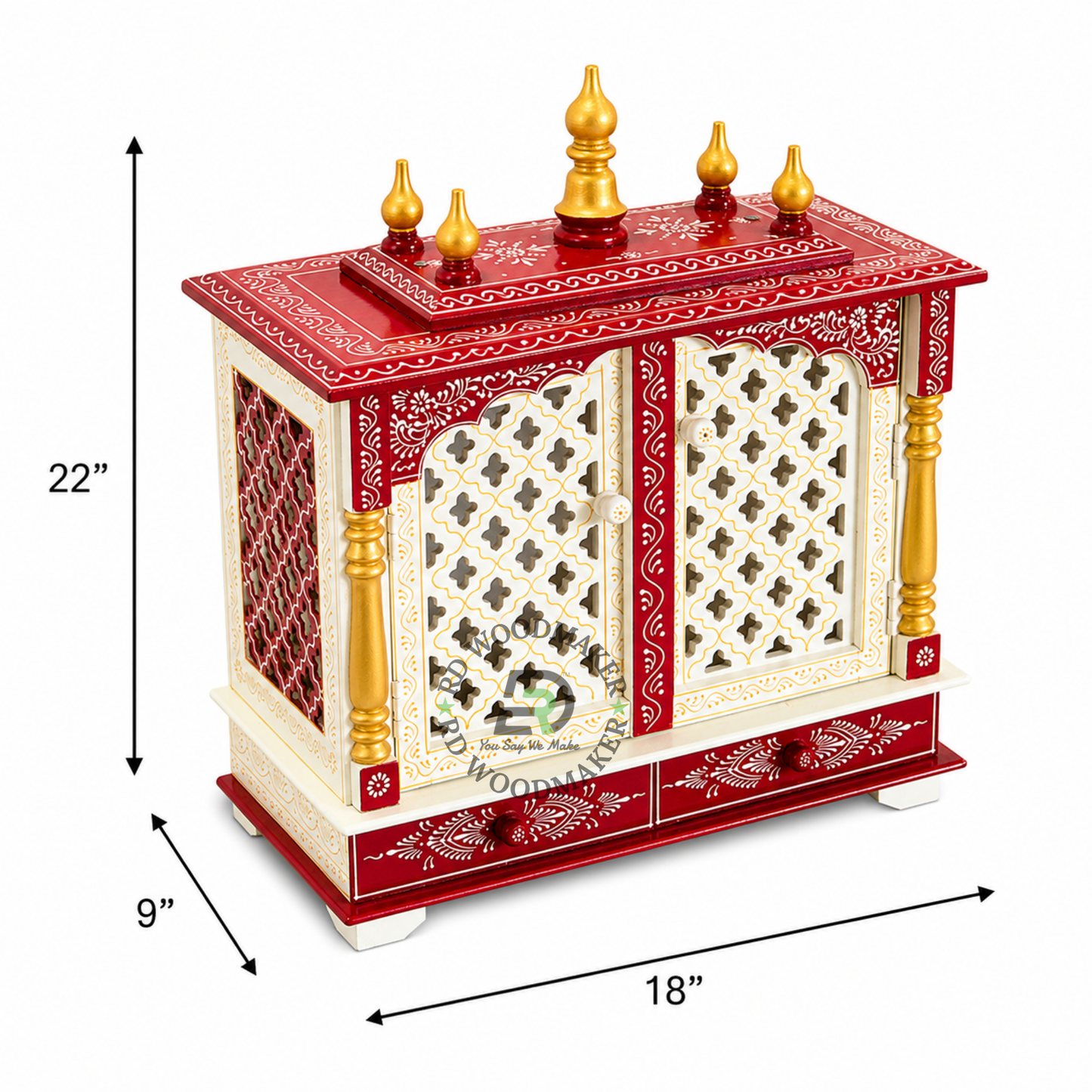 PREMIUM COMPACT IVORY & RED WOODEN HOME TEMPLE WITH JALI DOUBLE DOORS & TWO DRAWERS