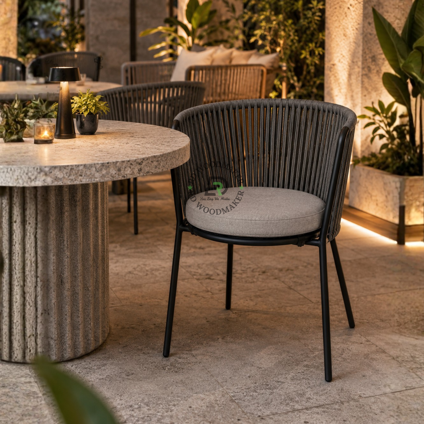 PREMIUM GREY ROPE WOVEN ARMCHAIR WITH ROUND CUSHIONED SEAT