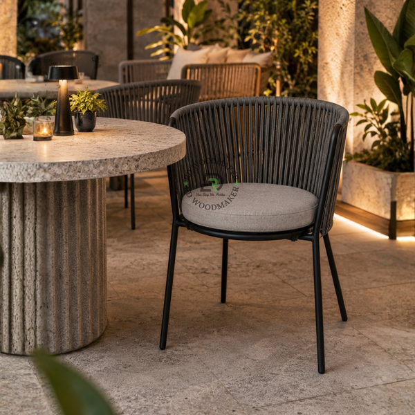 PREMIUM GREY ROPE WOVEN ARMCHAIR WITH ROUND CUSHIONED SEAT