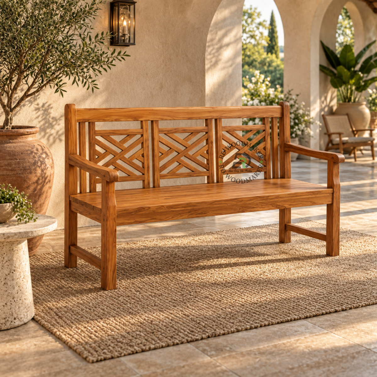 VAREN LATTICE BACK SOLID WOOD BENCH WITH ARMRESTS