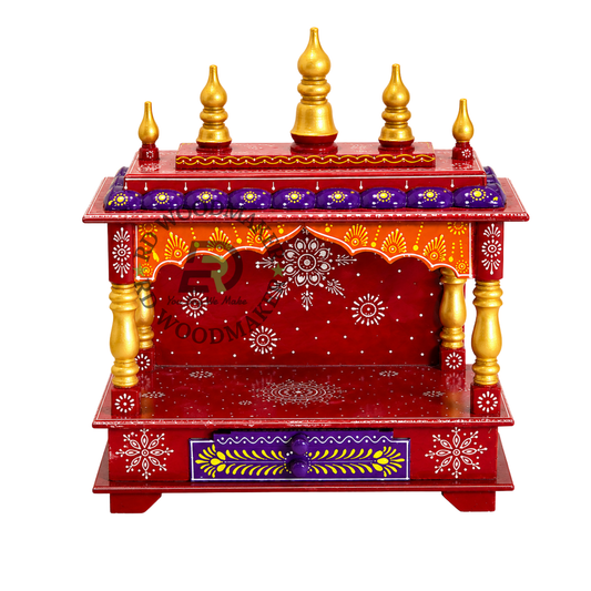 PREMIUM SMALL HAND-PAINTED RED WOODEN HOME TEMPLE WITH OPEN SHRINE & DOUBLE DRAWERS