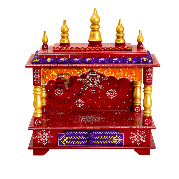 PREMIUM SMALL HAND-PAINTED RED WOODEN HOME TEMPLE WITH OPEN SHRINE & DOUBLE DRAWERS