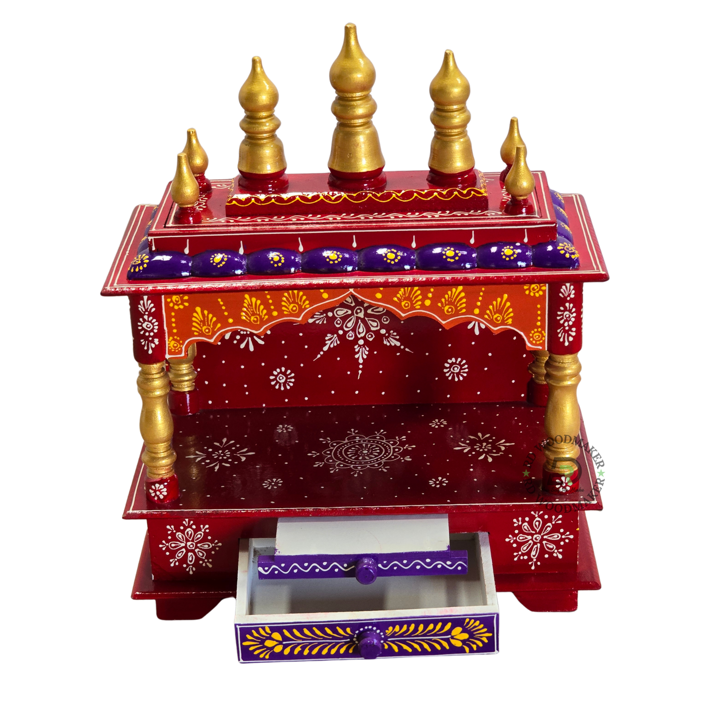 PREMIUM SMALL HAND-PAINTED RED WOODEN HOME TEMPLE WITH OPEN SHRINE & DOUBLE DRAWERS
