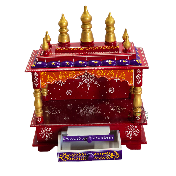 PREMIUM SMALL HAND-PAINTED RED WOODEN HOME TEMPLE WITH OPEN SHRINE & DOUBLE DRAWERS