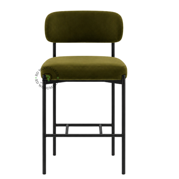 PREMIUM OLIVE GREEN VELVET COUNTER CHAIR WITH BLACK METAL FRAME