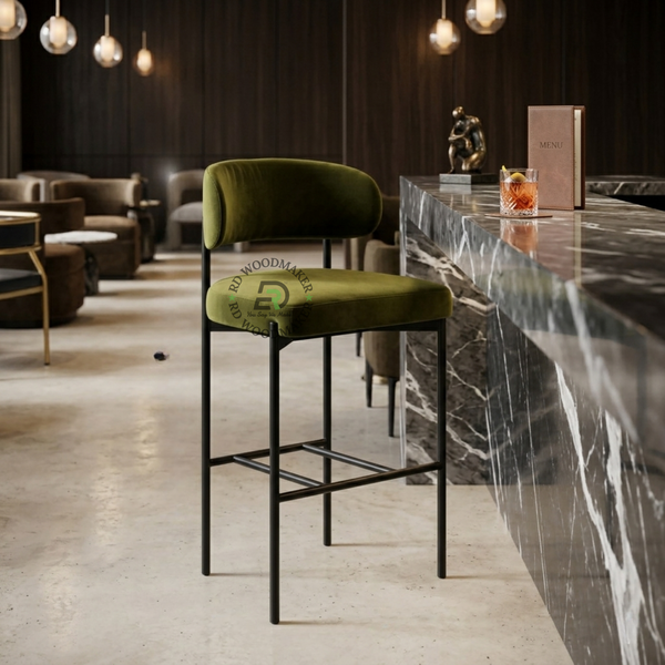 PREMIUM OLIVE GREEN VELVET COUNTER CHAIR WITH BLACK METAL FRAME