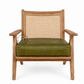 PREMIUM SOLID WOOD CANE LOUNGE ARMCHAIR WITH OLIVE GREEN CUSHION