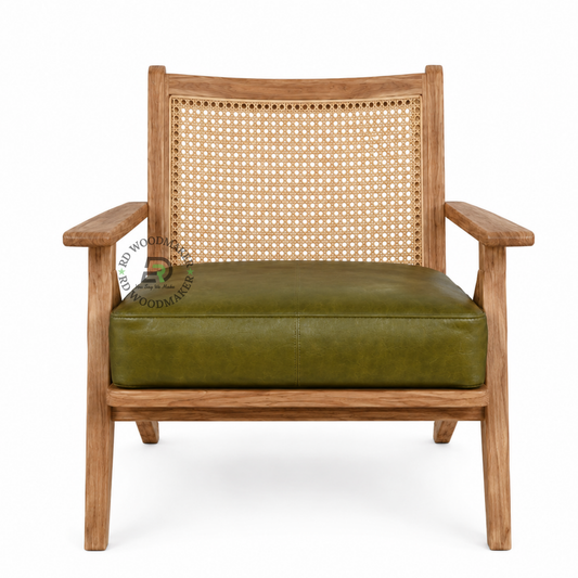 PREMIUM SOLID WOOD CANE LOUNGE ARMCHAIR WITH OLIVE GREEN CUSHION