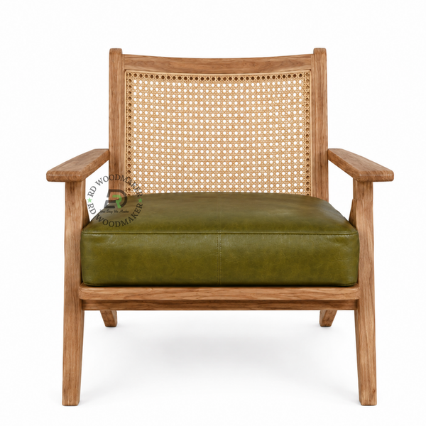 PREMIUM SOLID WOOD CANE LOUNGE ARMCHAIR WITH OLIVE GREEN CUSHION
