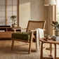 PREMIUM SOLID WOOD CANE LOUNGE ARMCHAIR WITH OLIVE GREEN CUSHION