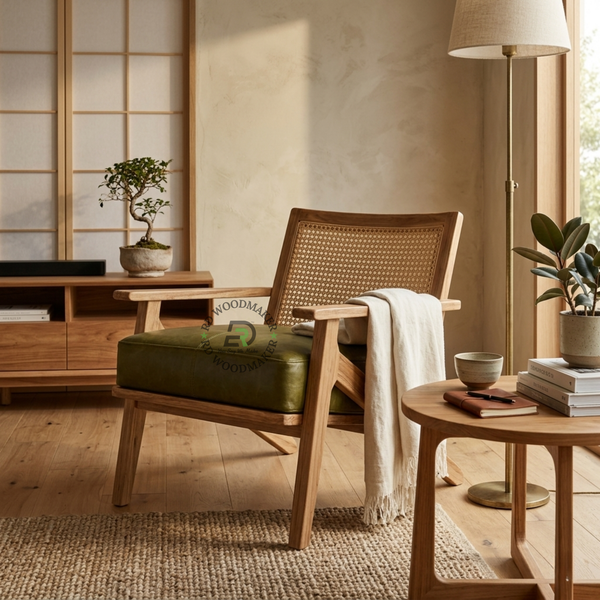 PREMIUM SOLID WOOD CANE LOUNGE ARMCHAIR WITH OLIVE GREEN CUSHION