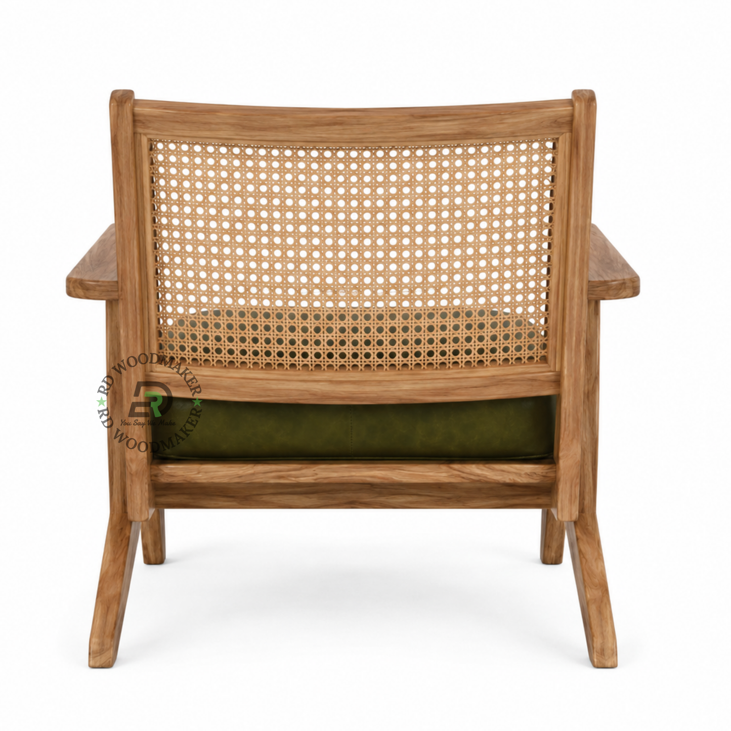 PREMIUM SOLID WOOD CANE LOUNGE ARMCHAIR WITH OLIVE GREEN CUSHION