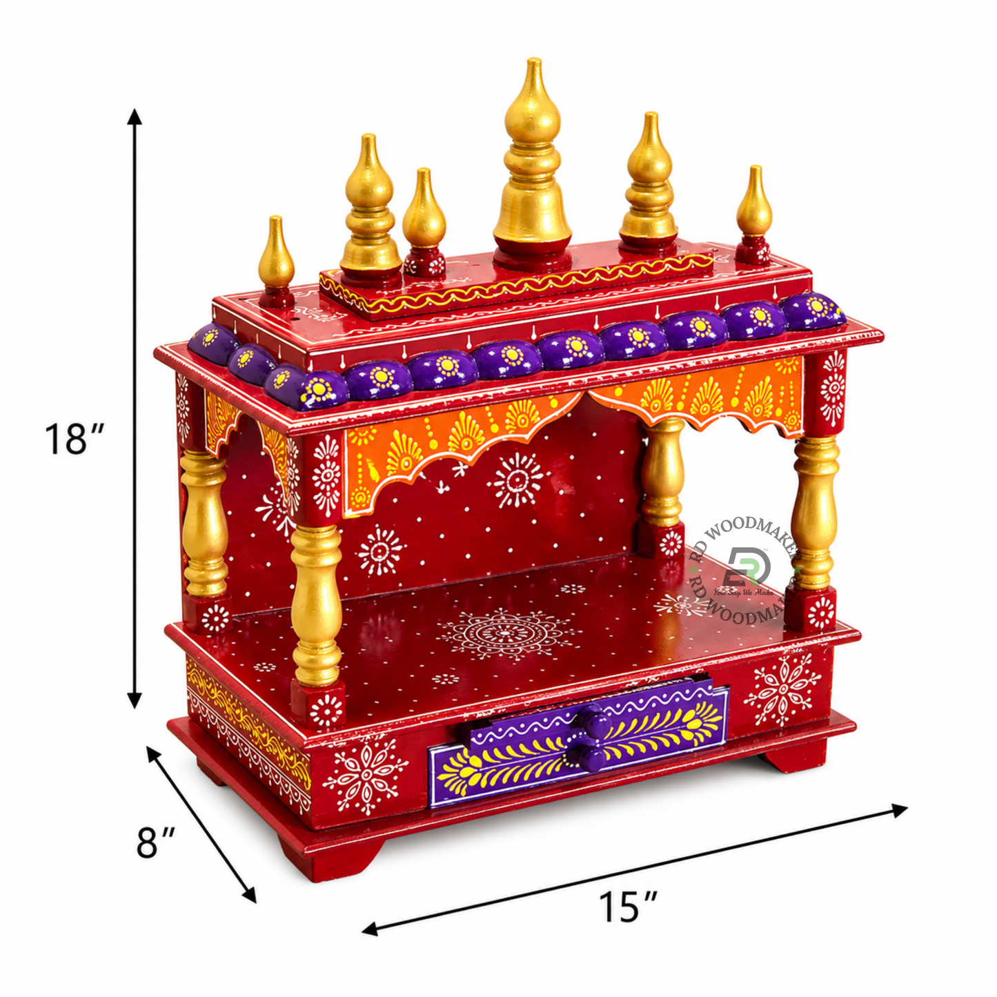 PREMIUM SMALL HAND-PAINTED RED WOODEN HOME TEMPLE WITH OPEN SHRINE & DOUBLE DRAWERS