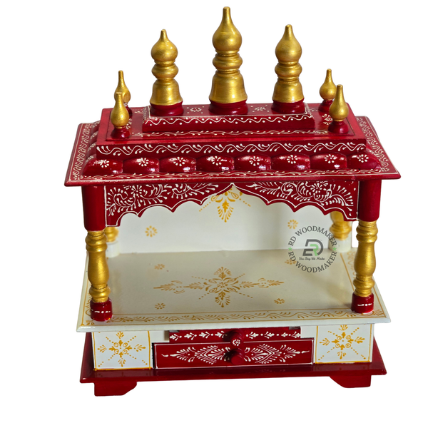 PREMIUM SMALL IVORY & RED WOODEN HOME TEMPLE WITH OPEN SHRINE & DOUBLE DRAWERS
