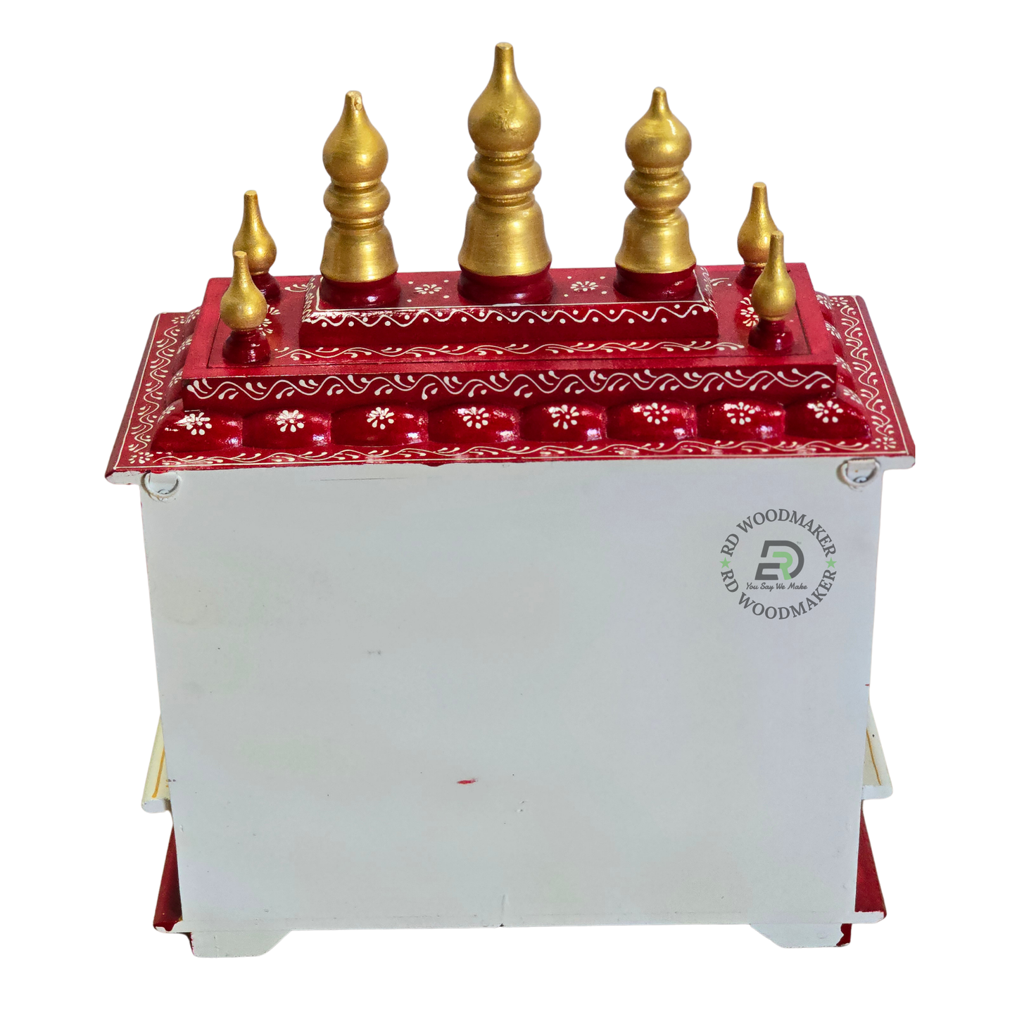 PREMIUM SMALL IVORY & RED WOODEN HOME TEMPLE WITH OPEN SHRINE & DOUBLE DRAWERS