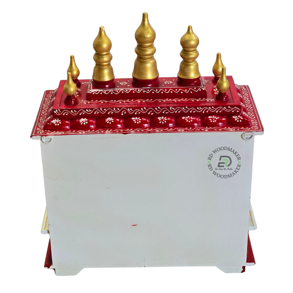 PREMIUM SMALL IVORY & RED WOODEN HOME TEMPLE WITH OPEN SHRINE & DOUBLE DRAWERS