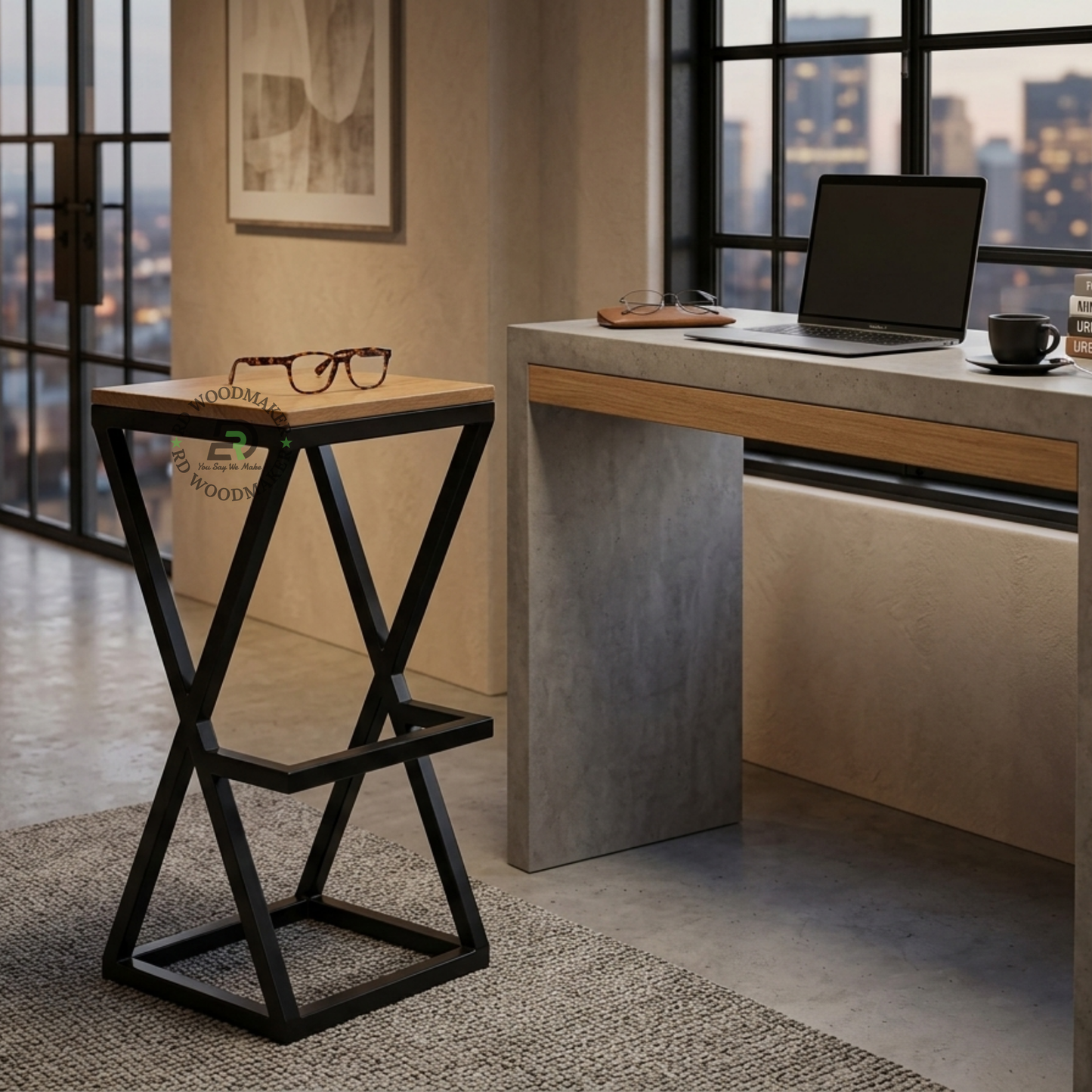 PREMIUM GEOMETRIC BLACK METAL BAR STOOL WITH SQUARE WOODEN SEAT