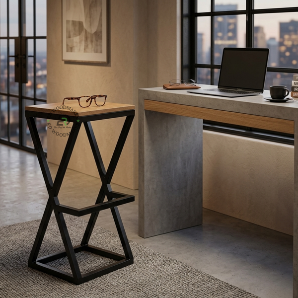 PREMIUM GEOMETRIC BLACK METAL BAR STOOL WITH SQUARE WOODEN SEAT